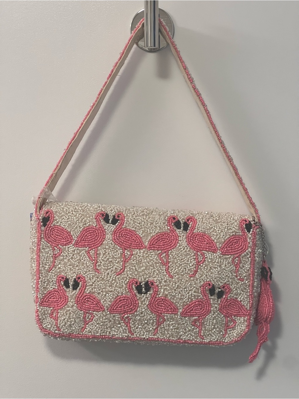 Pink Flamingo Beaded Top-Handle Bag White Sequins Viral Novelty India New - Picture 5 of 8